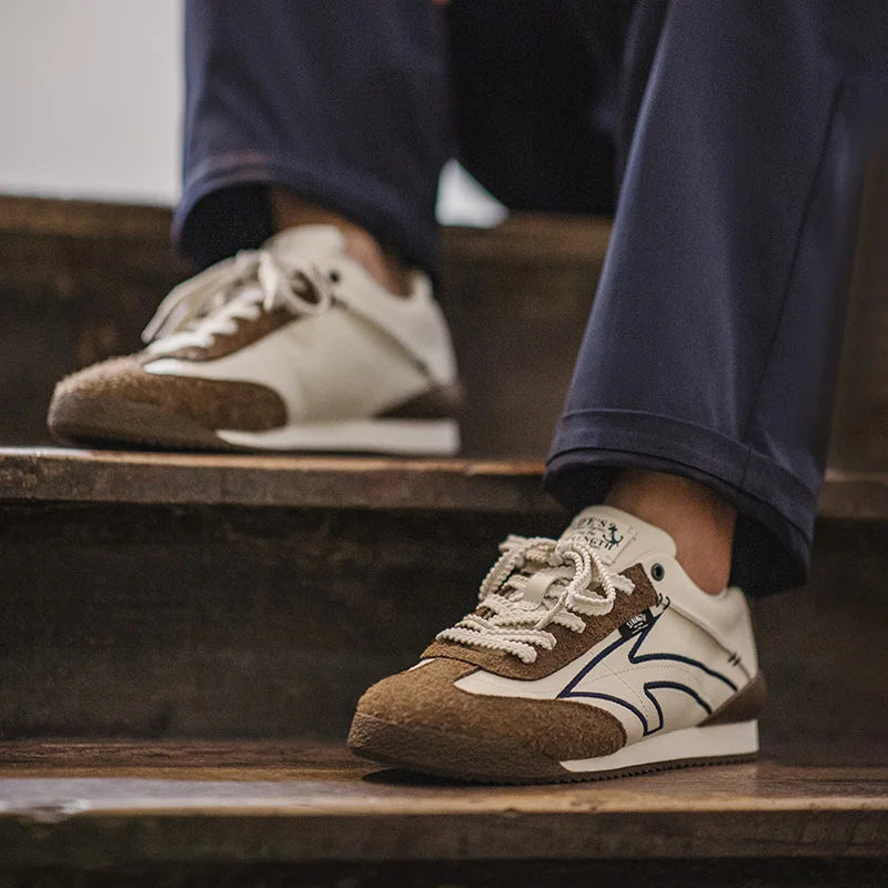 Brown-Beige Patchwork Low-Top Sneakers