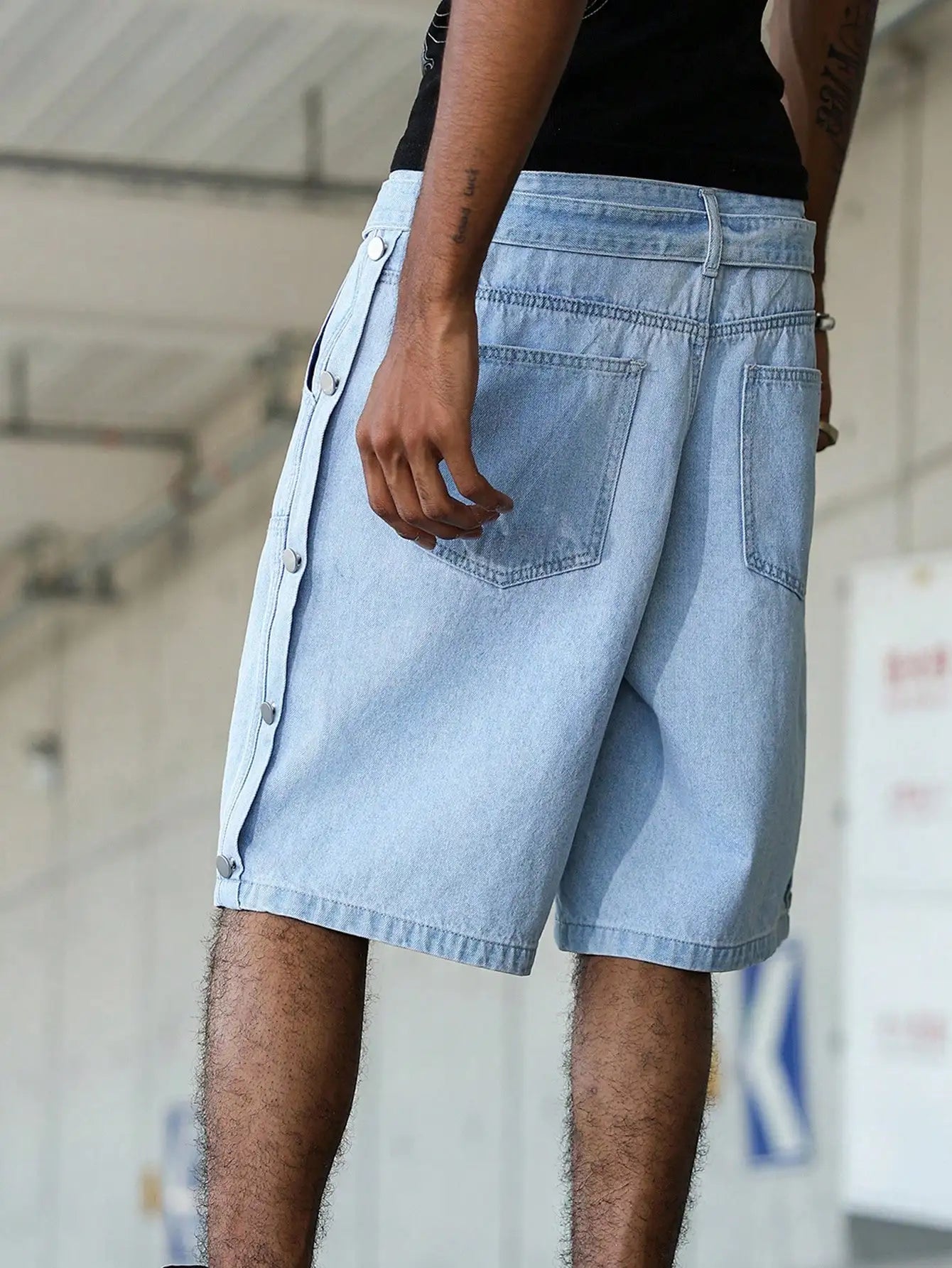 Side-Button Loose Denim Shorts