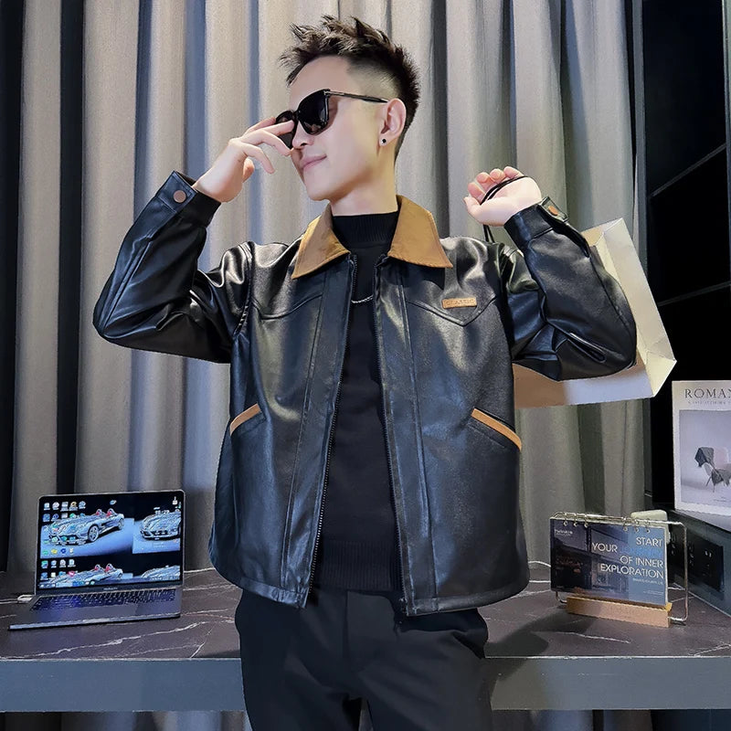 Contrasting Lapel PU Leather Jacket