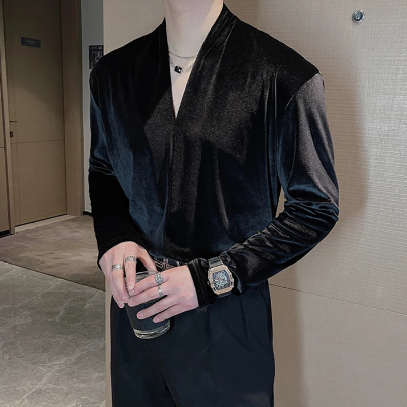 Black Solid V-Neck Velvet T-Shirt