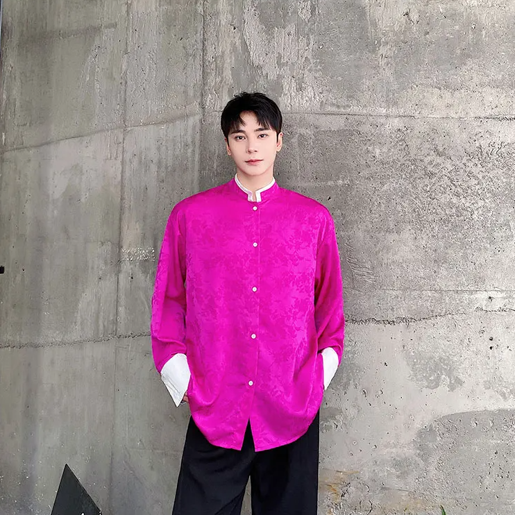 Chinese Contrasting Color Stand Collar Shirt