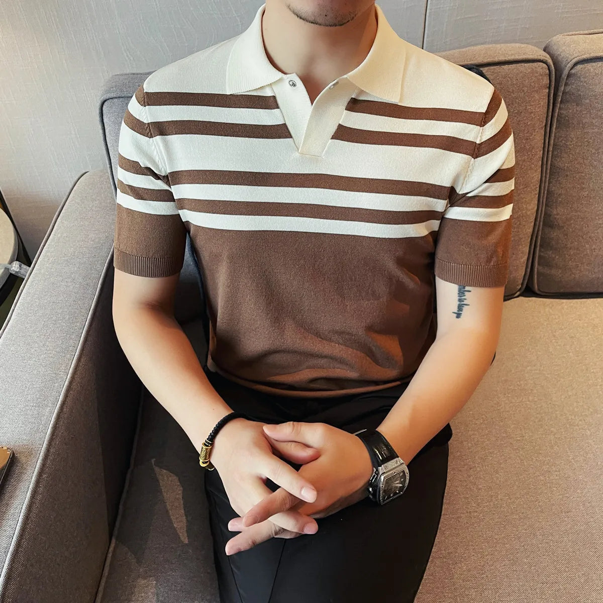 Knitted Vertical Striped Short Sleeved Polo Shirt