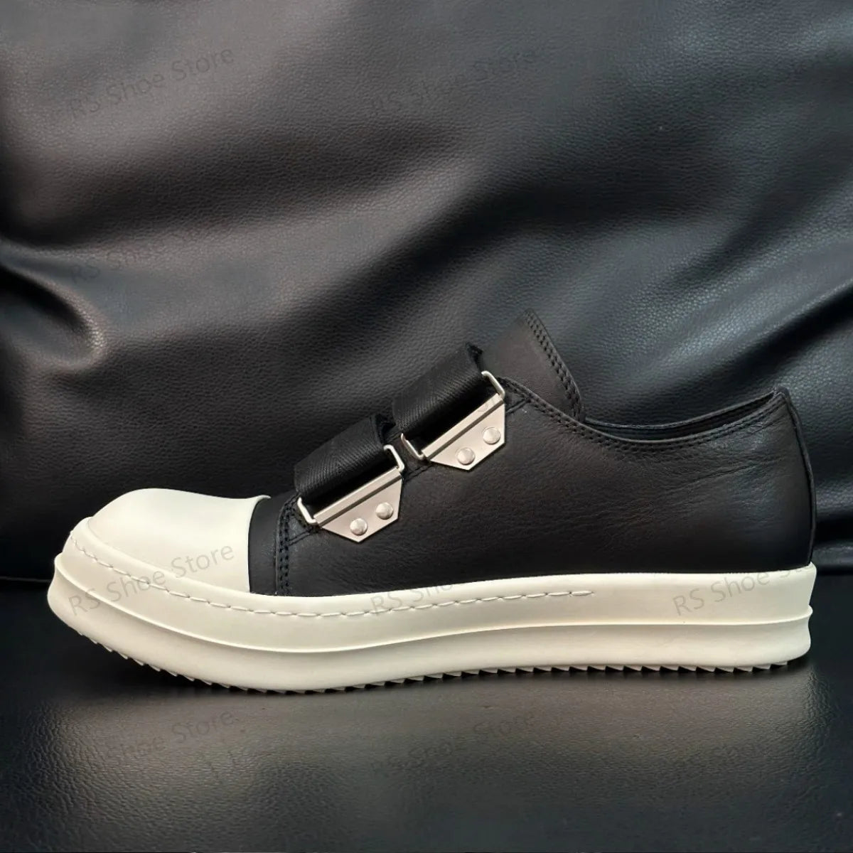 Low Top Black Leather Velcro Sneakers