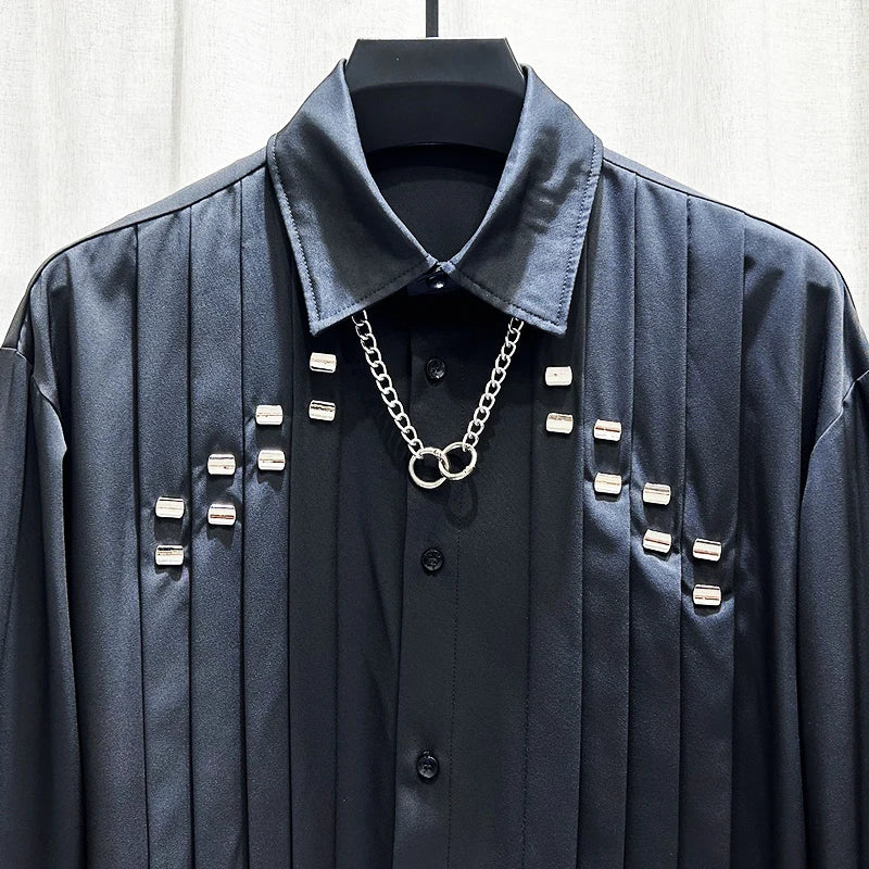 Niche Metal Design Pleated Striped Shirt