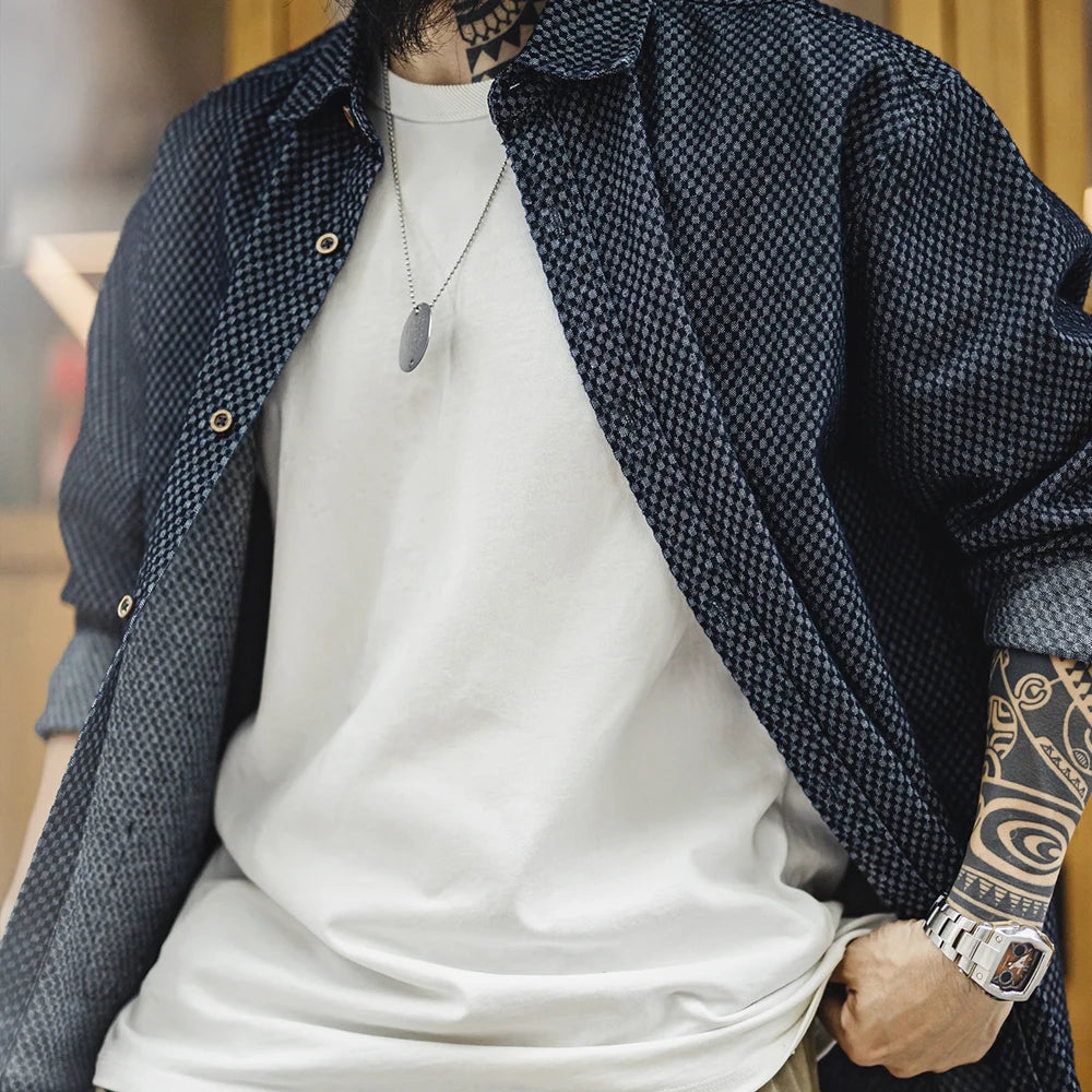 Retro Checkered Long-sleeved Denim Shirt