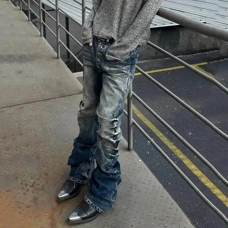 Multi-Button Design Pleated Jeans