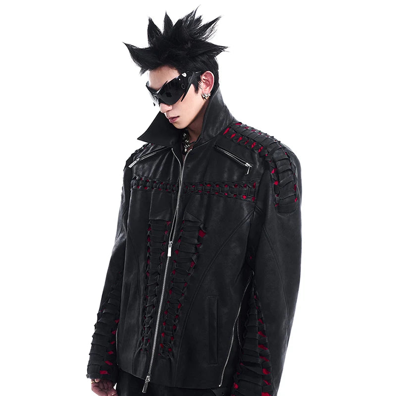 Skeleton Hollow PU Leather Jacket Set