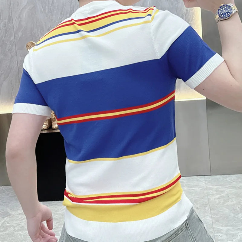 Contrasting Color Splicing Striped T-Shirt