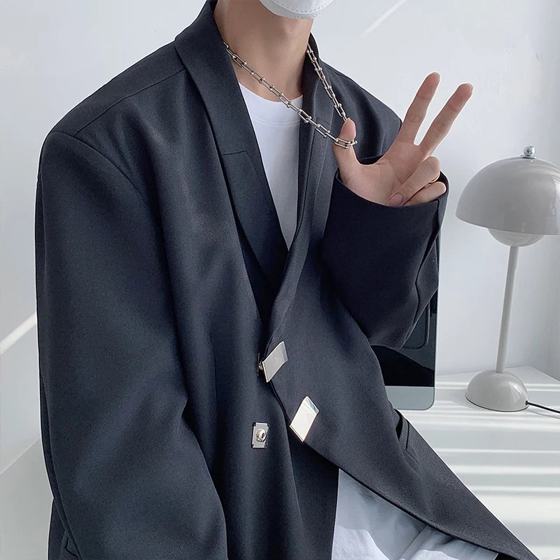 Loose Inclined Placket Metal Buckle Blazer