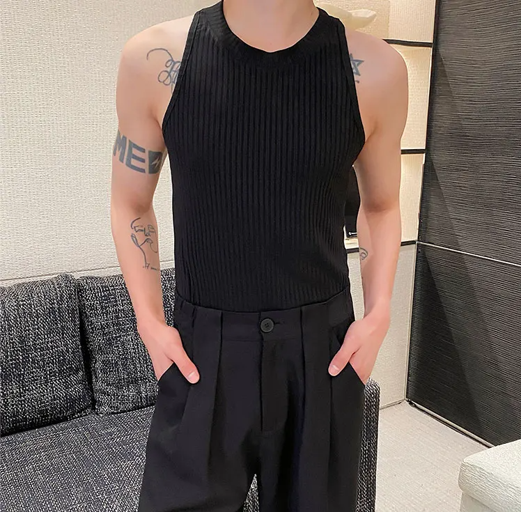 Solid Elastic Knitted O-Neck Tank Top