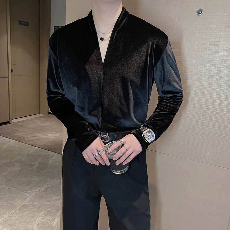 Black Solid V-Neck Velvet T-Shirt