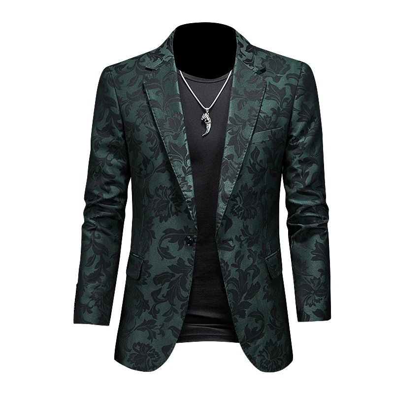 Floral Jacquard Slim-Fit Casual Blazer
