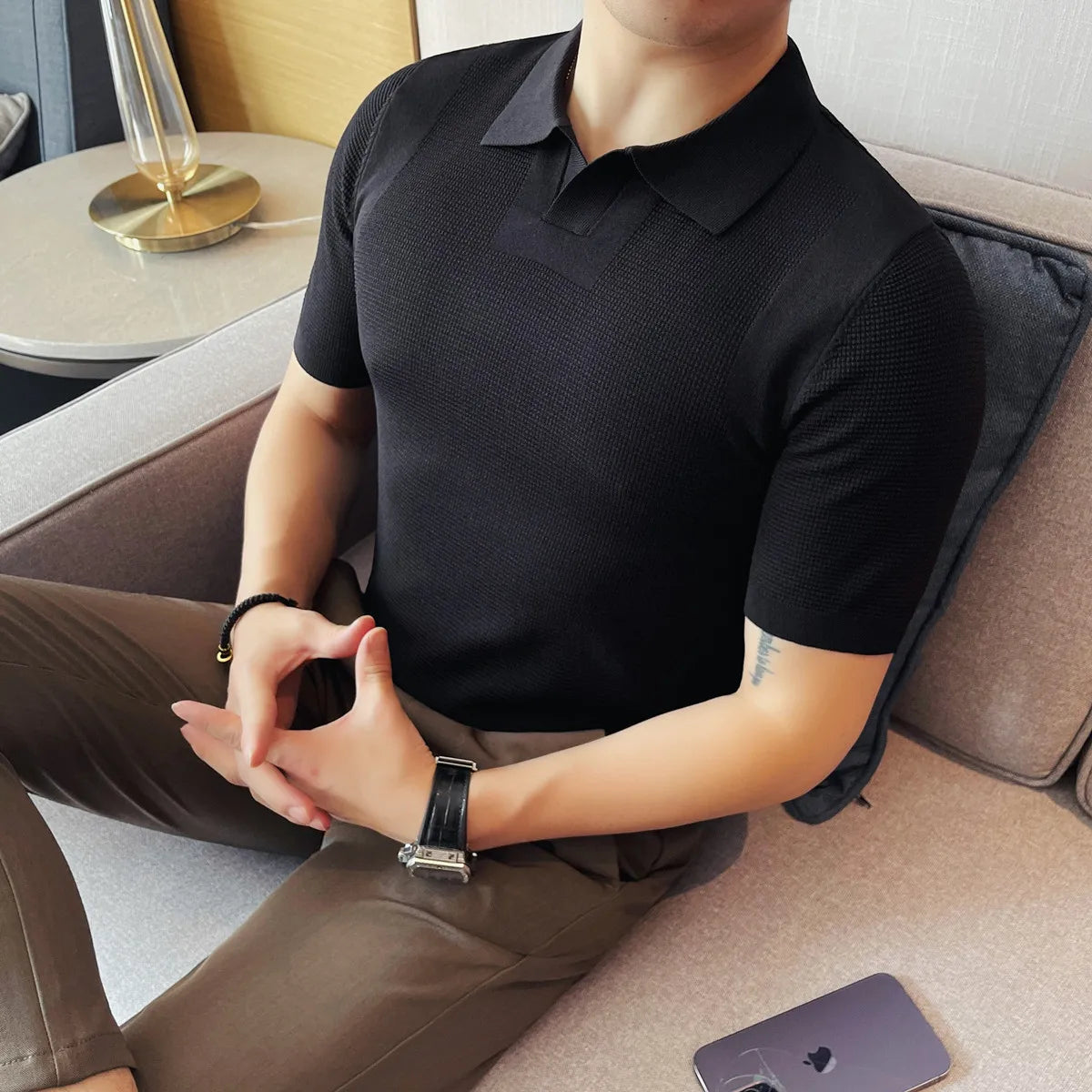 Solid V-neck Turn-Down Collar Knitted Polo Shirt