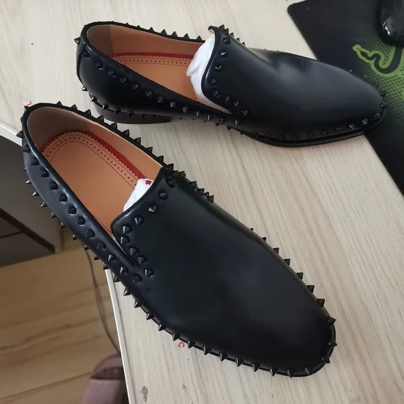 Black Genuine Leather Men Spiked Loafers