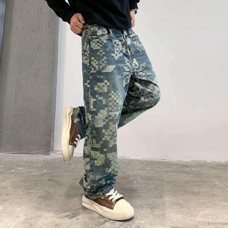 Hip-Hop Geometric Printed Loose Jeans