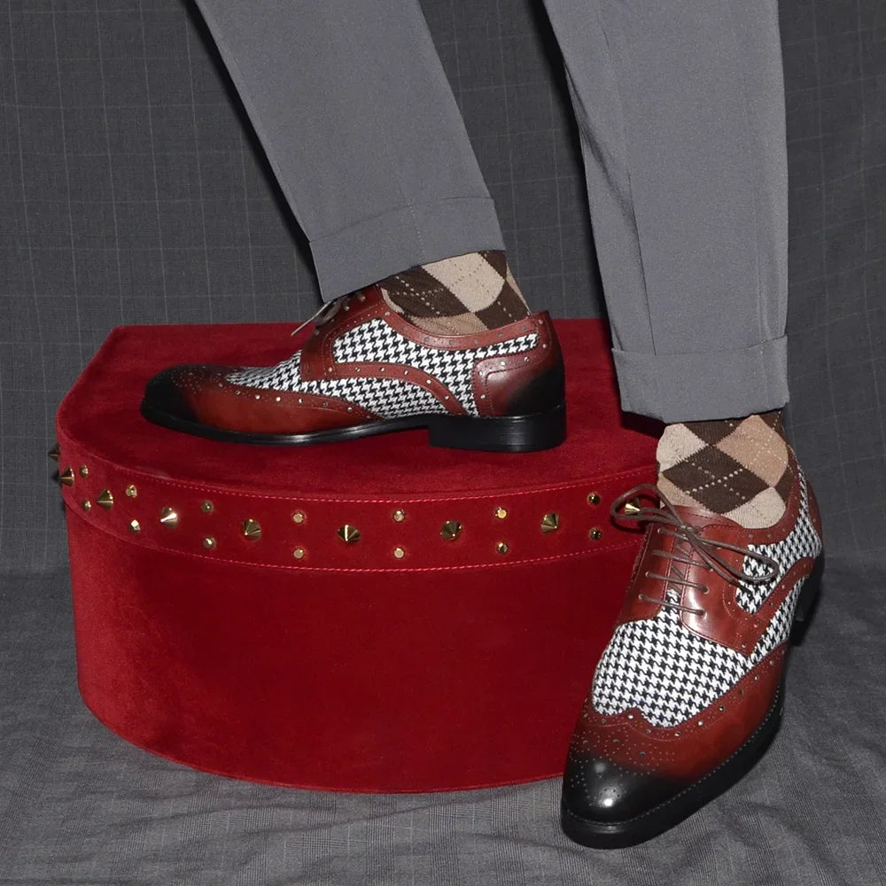 Patchwork Houndstooth Leather Brogue Shoes