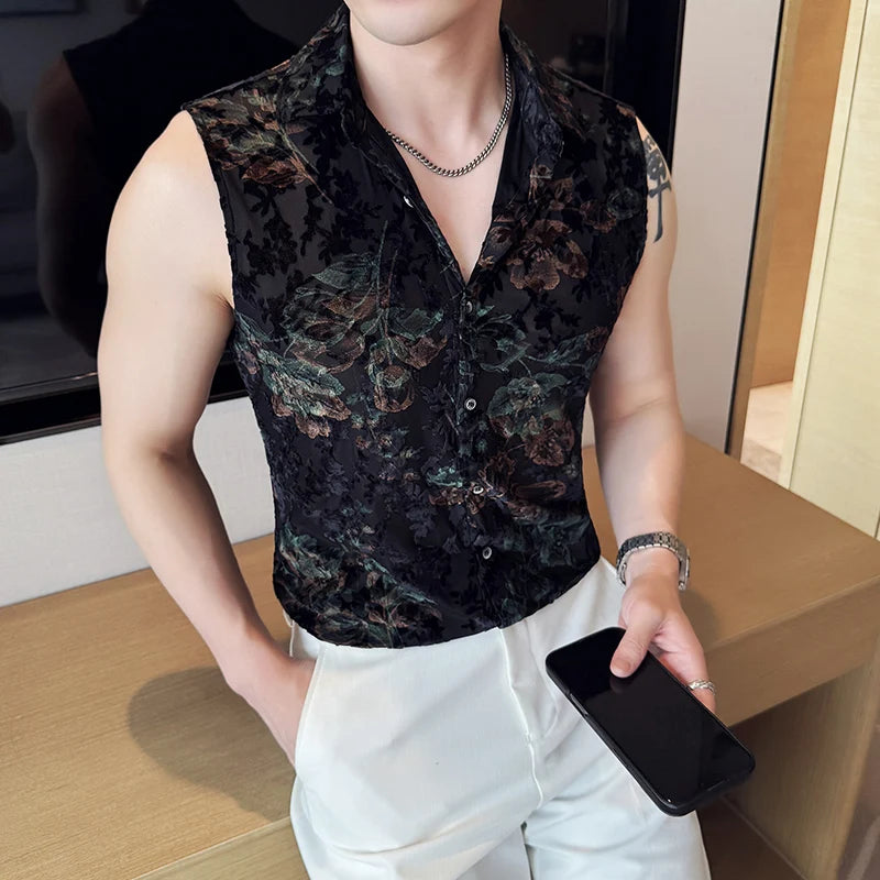 Floral Jacquard Mesh Sleeveless Shirt