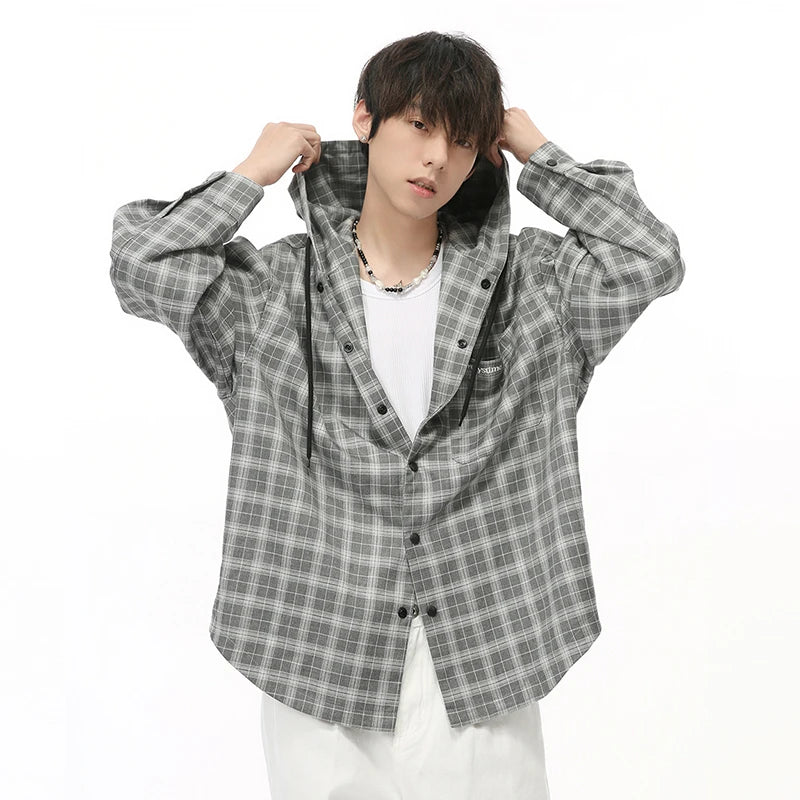 Plaid Drawstring Hooded Loose Shirt