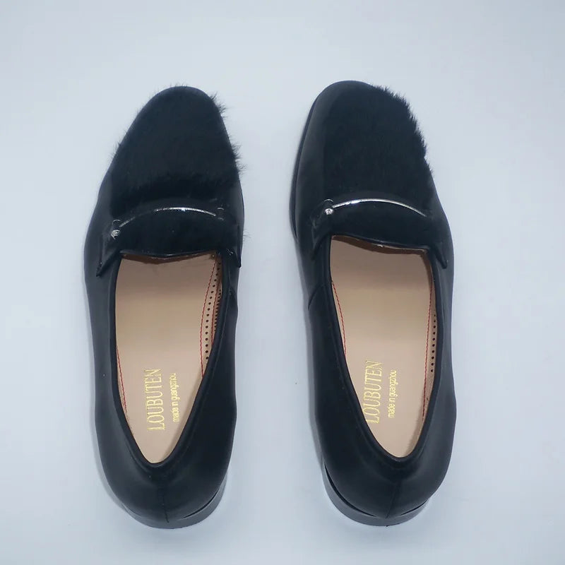 Men's Black Leather Furry Loafers