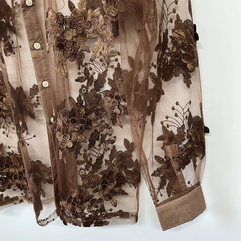 Brown Floral Embroidery Sheer Shirt