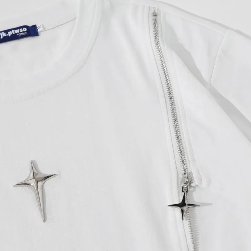 Casual Metal Appliques Zipper T-Shirt