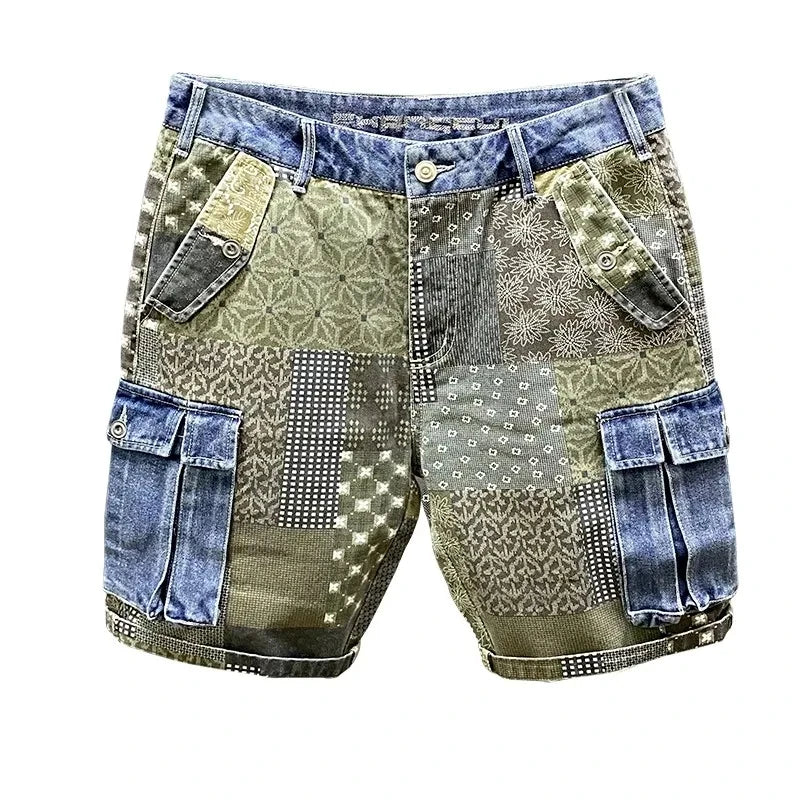 Printed Patchwork Design Denim Shorts