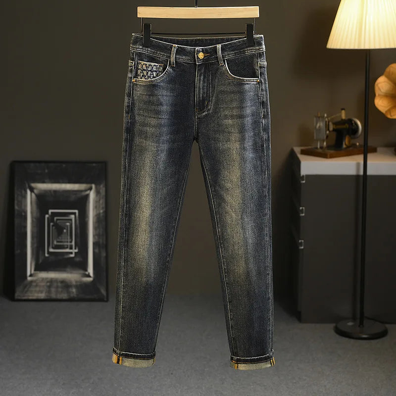 Embroidery Letter Pocket Blue Jeans