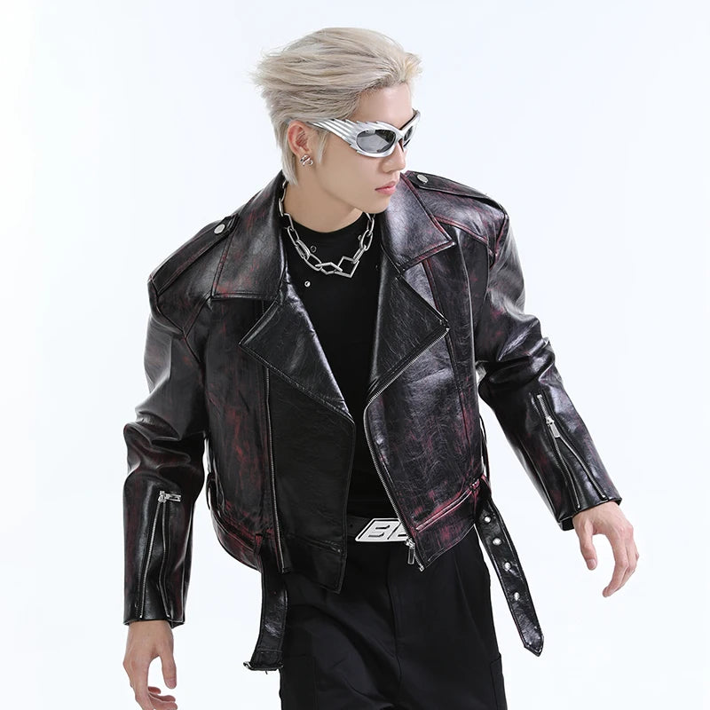 Lapel Collar Zipper with Belt Leather Jacket