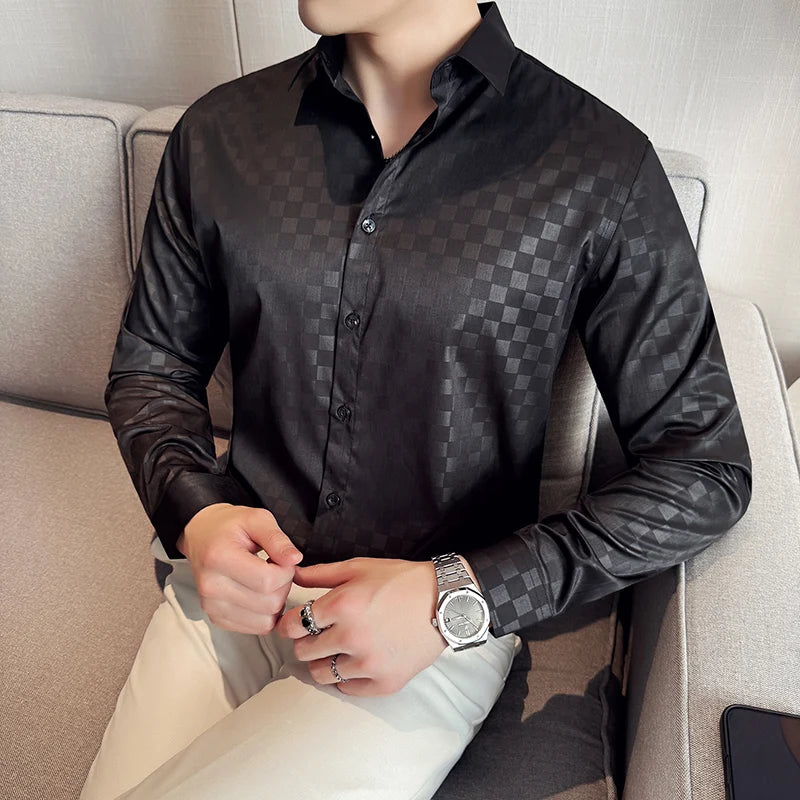 Checkered Pattern Long Sleeve Polyester Shirt
