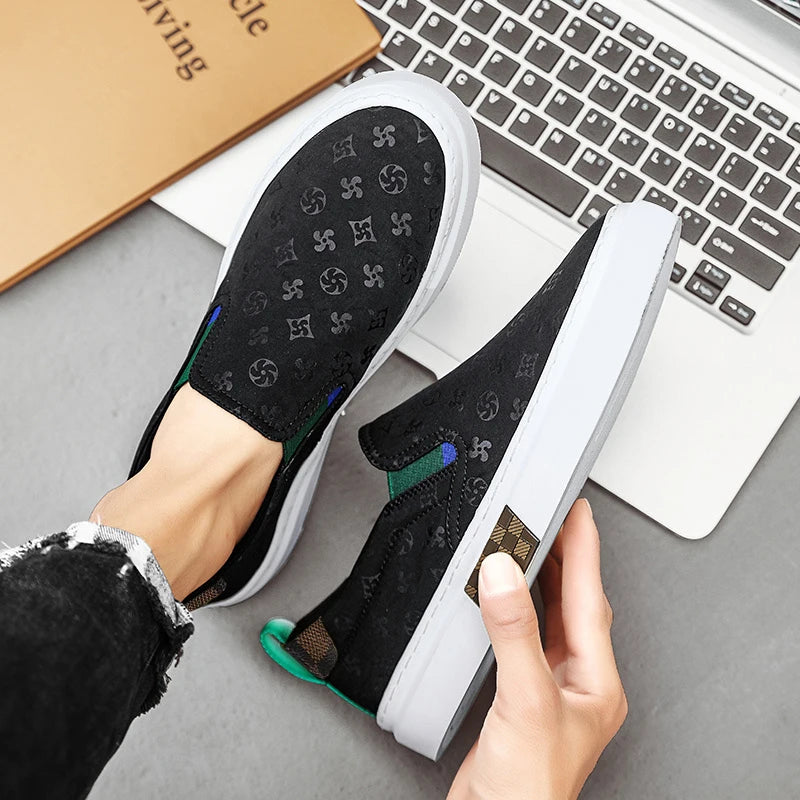 Black Geometric Pattern Slip-On Sneakers