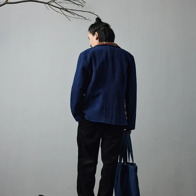 Retro Blue Dye Lapel Thick Jacket
