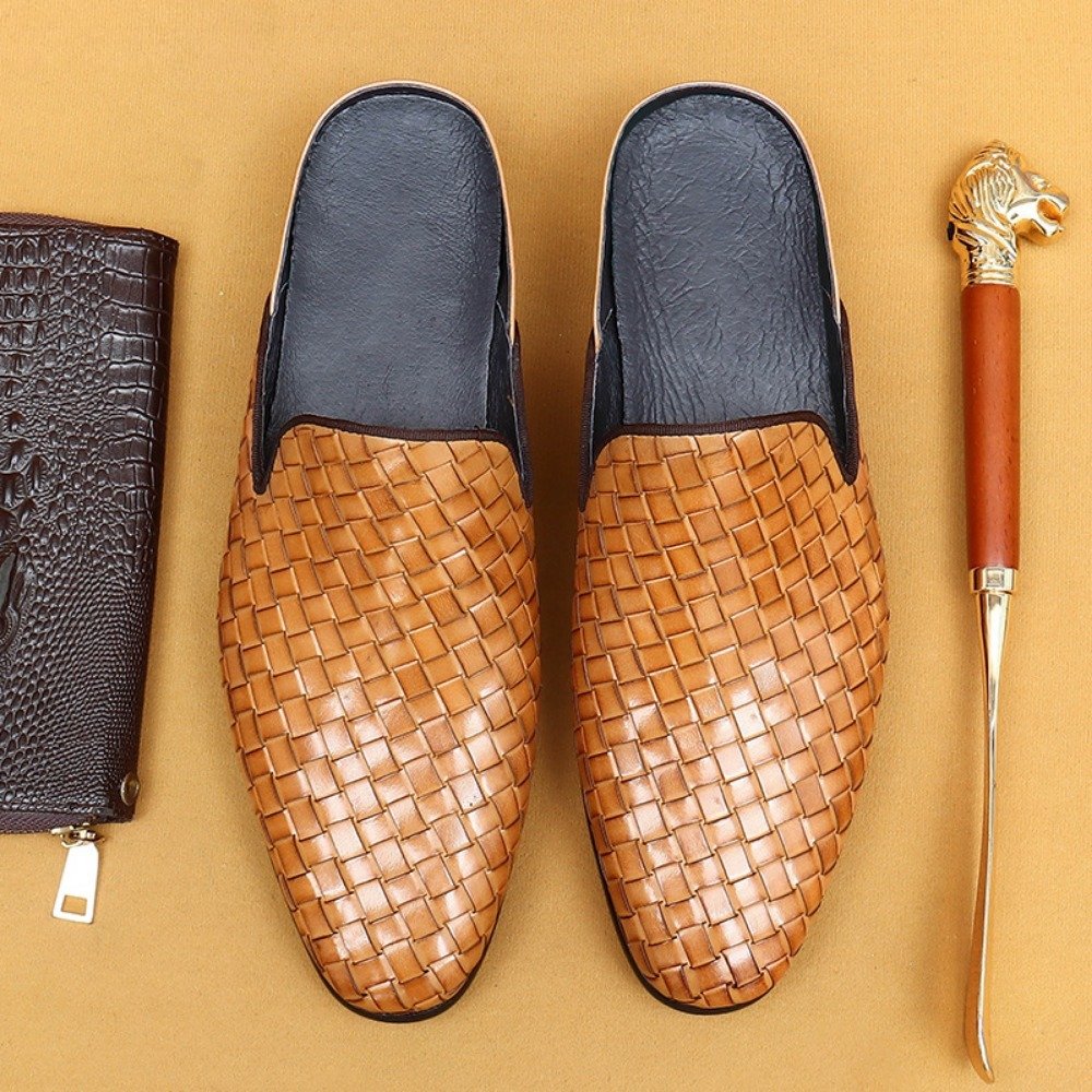 Woven Pattern Leather Mules Shoes