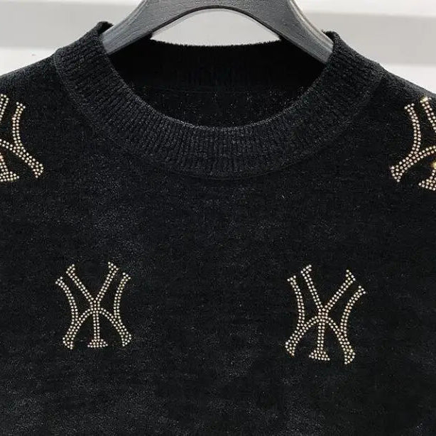 Solid Letter Rhinestone O-Neck Sweater