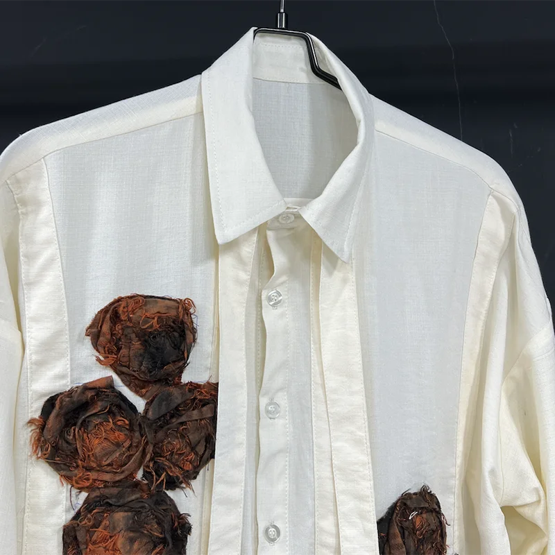 Loose Handmade Flower Linen Ribbon Shirt