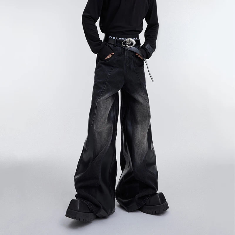 Patchwork PU Leather Denim Wide-Leg Jeans