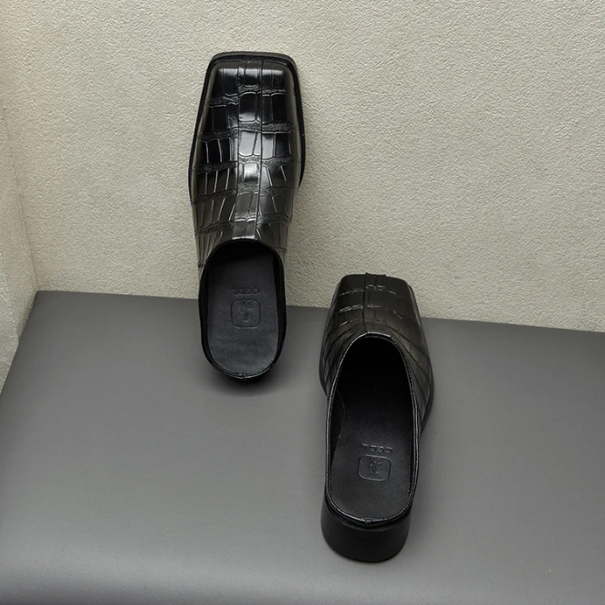 Square Toe Crocodile Skin Mules Shoes