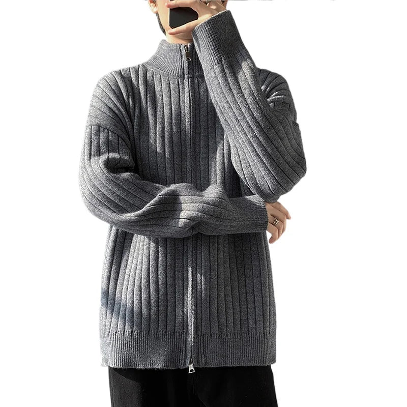 Stand Collar Striped Knitted Cardigan