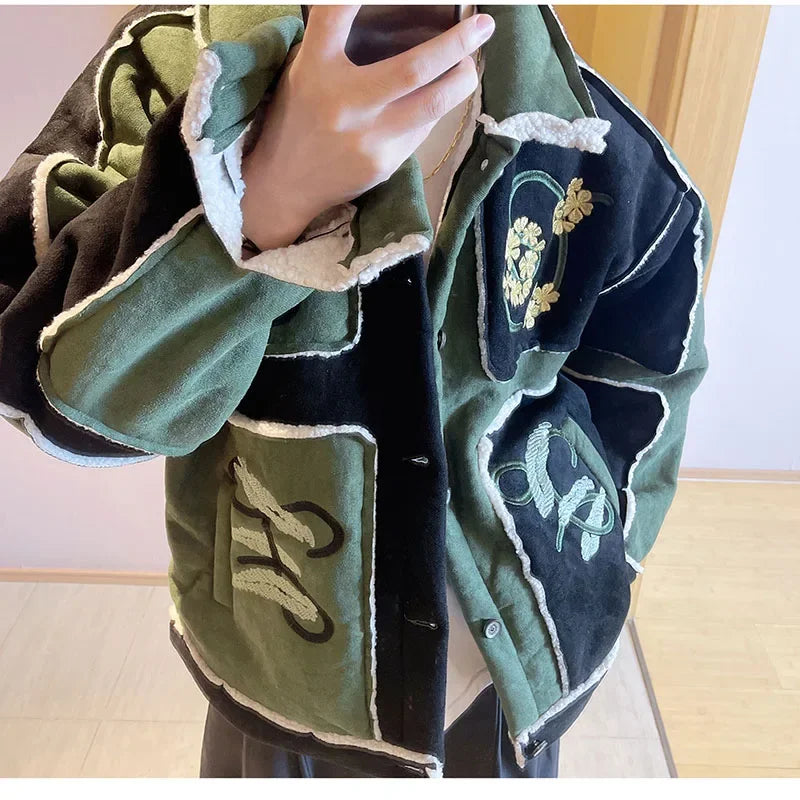 Floral Embroidered Patchwork Chunky Fleece Jacket