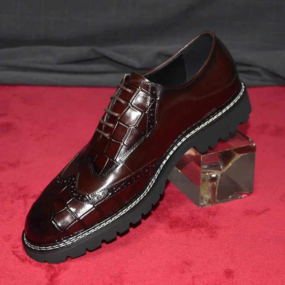 Leather Crocodile Print Wingtip Brogue Shoes