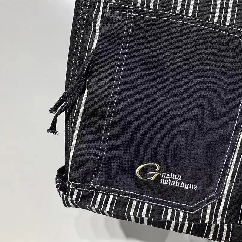 Black Striped Patchwork Denim Shorts