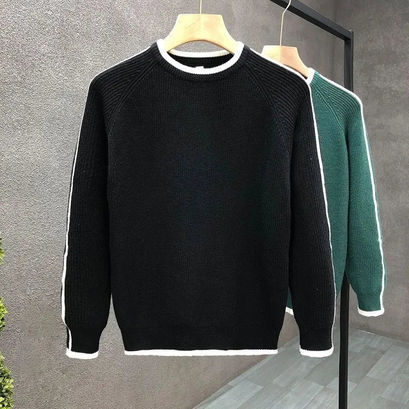 Solid Spliced Round Neck Sweater