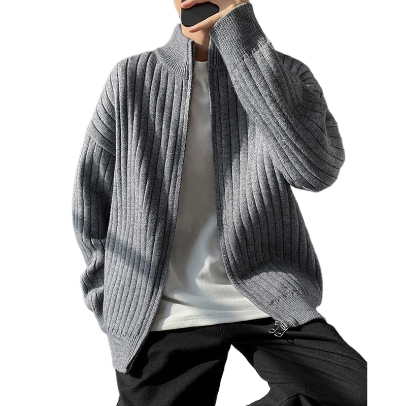 Stand Collar Striped Knitted Cardigan