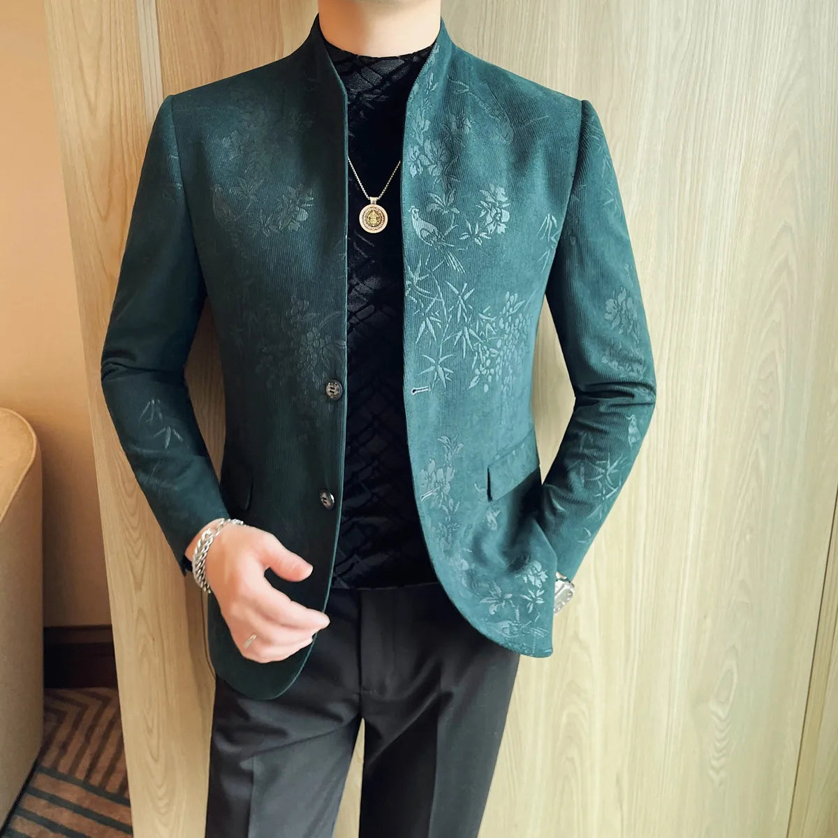 Chinese Style Stand Collar Printed Blazer