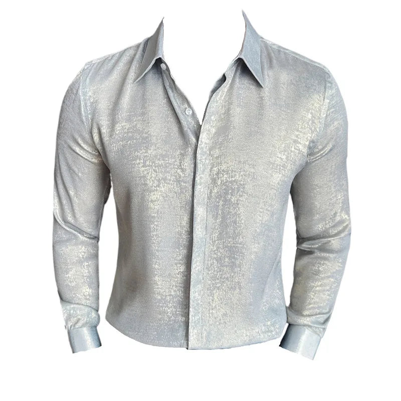 Glossy Plain Color Long Sleeve Men's Shirt