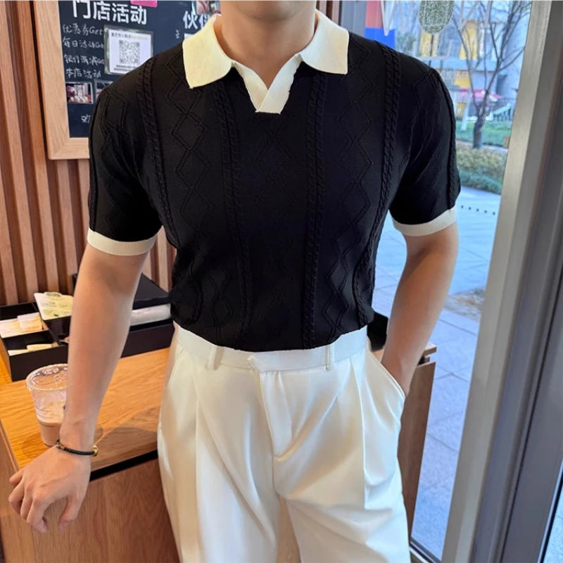 Elastic Knitted Casual Short Sleeved Polo Shirt