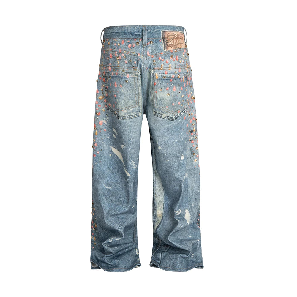 Washed Distressed Beads Decor Jeans