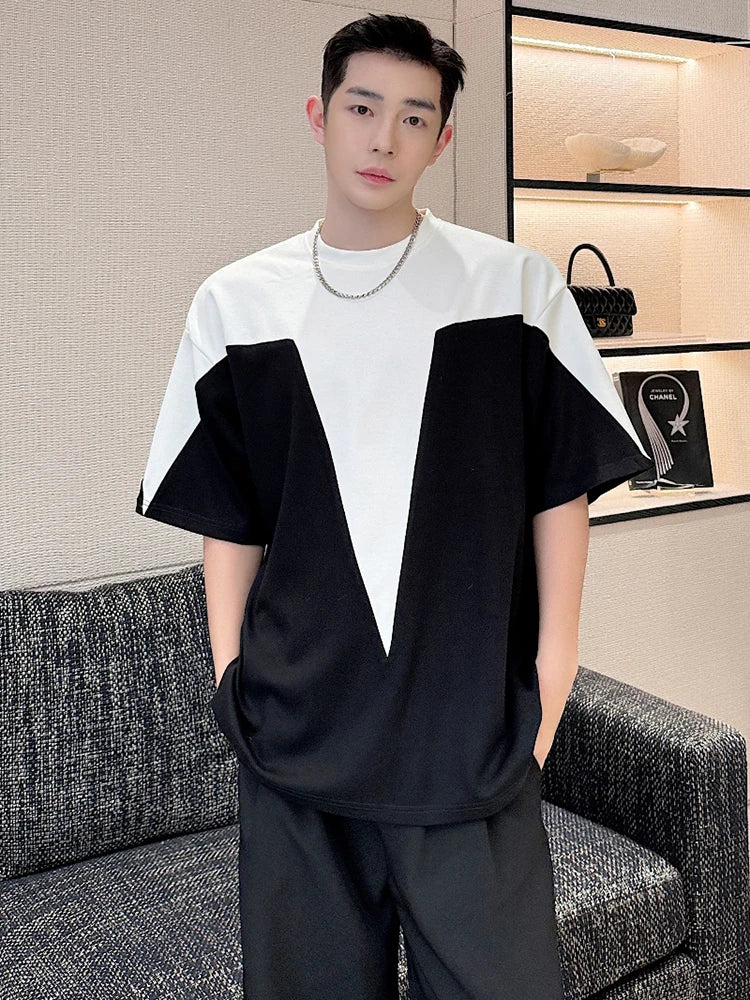 Contrast Patchwork Round Neck Loose T-Shirt