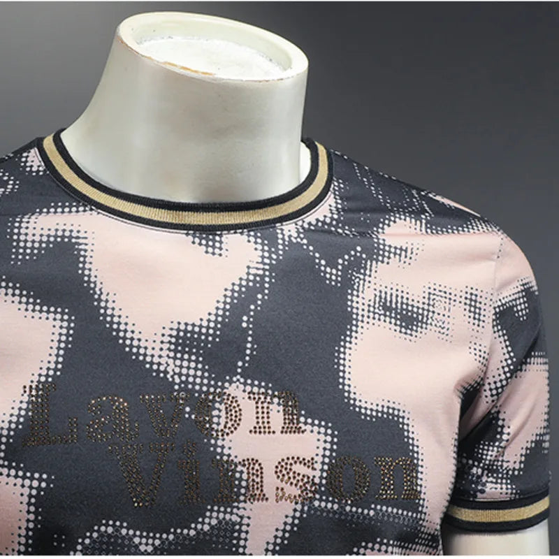 Gradient Abstrac Printed Rhinestone T-Shirt