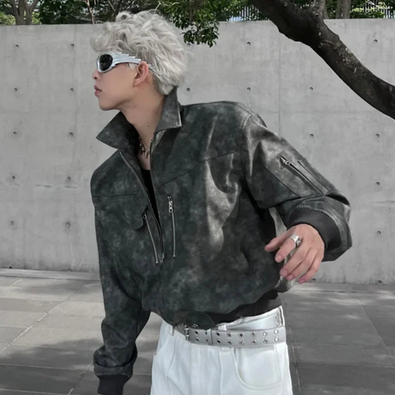 Misty Color Cropped PU Leather Jacket