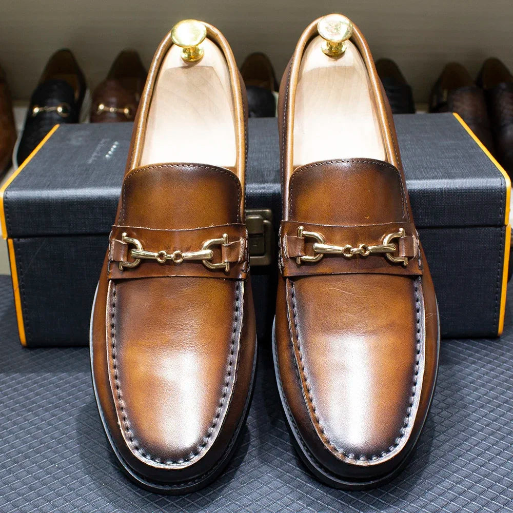 Metal Chain Round-Toe Leather Loafers